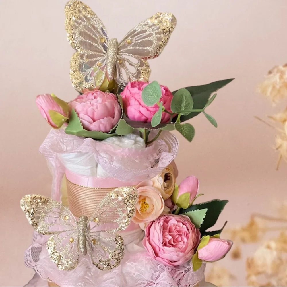 Butterfly Diaper Cake, Peonies Diaper Cake